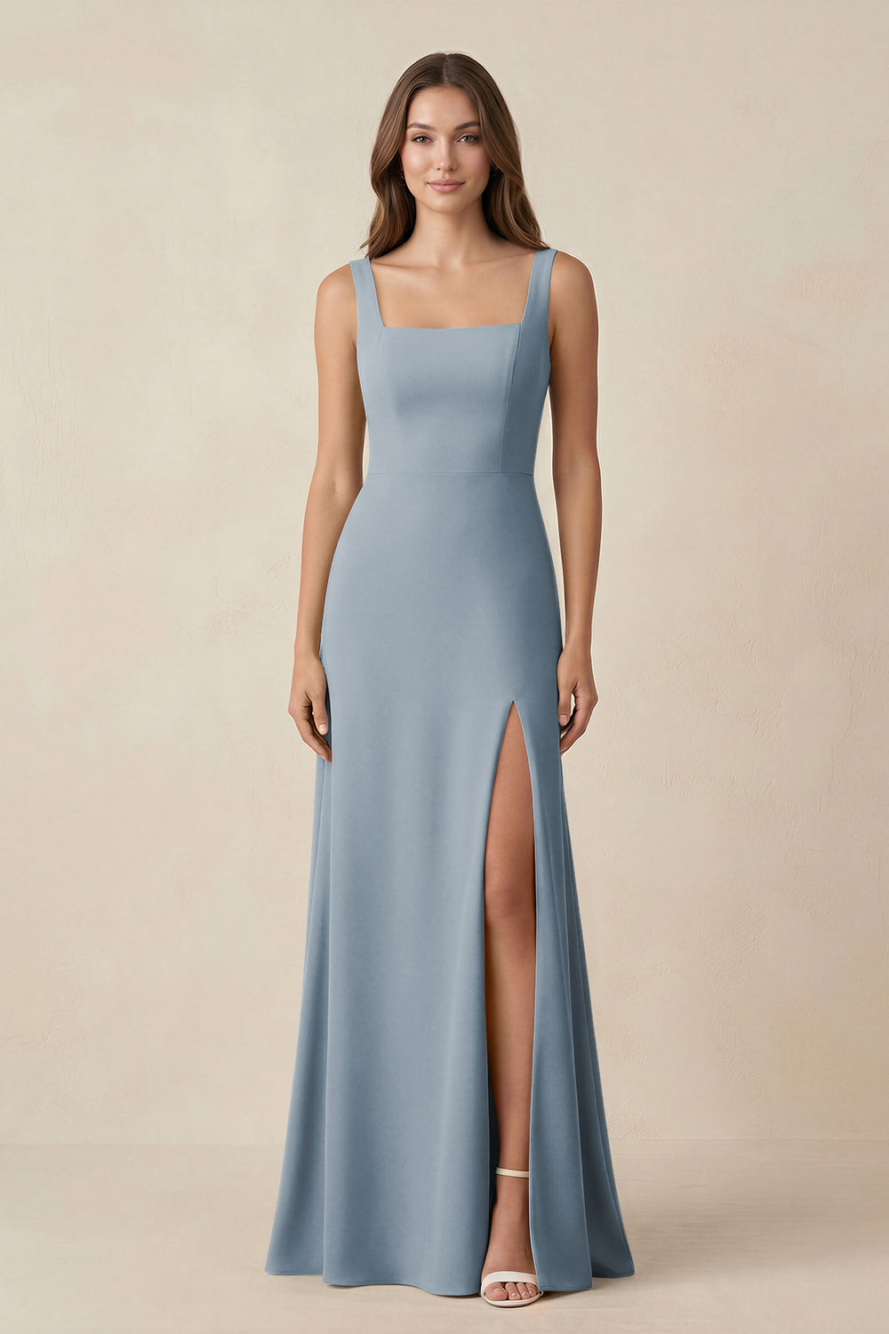 Square Neck A-Line Bridesmaid Dress With Slit in Dusty Blue