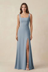 Dusty Blue Square Neck A-Line Bridesmaid Dress With Slit | KISSBRIDAL