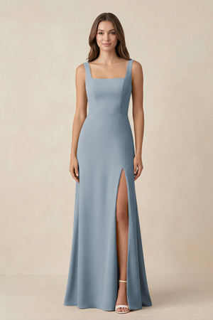 Dusty Blue Square Neck A-Line Bridesmaid Dress With Slit | KISSBRIDAL