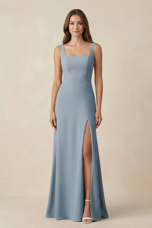 Dusty Blue Square Neck A-Line Bridesmaid Dress With Slit | KISSBRIDAL
