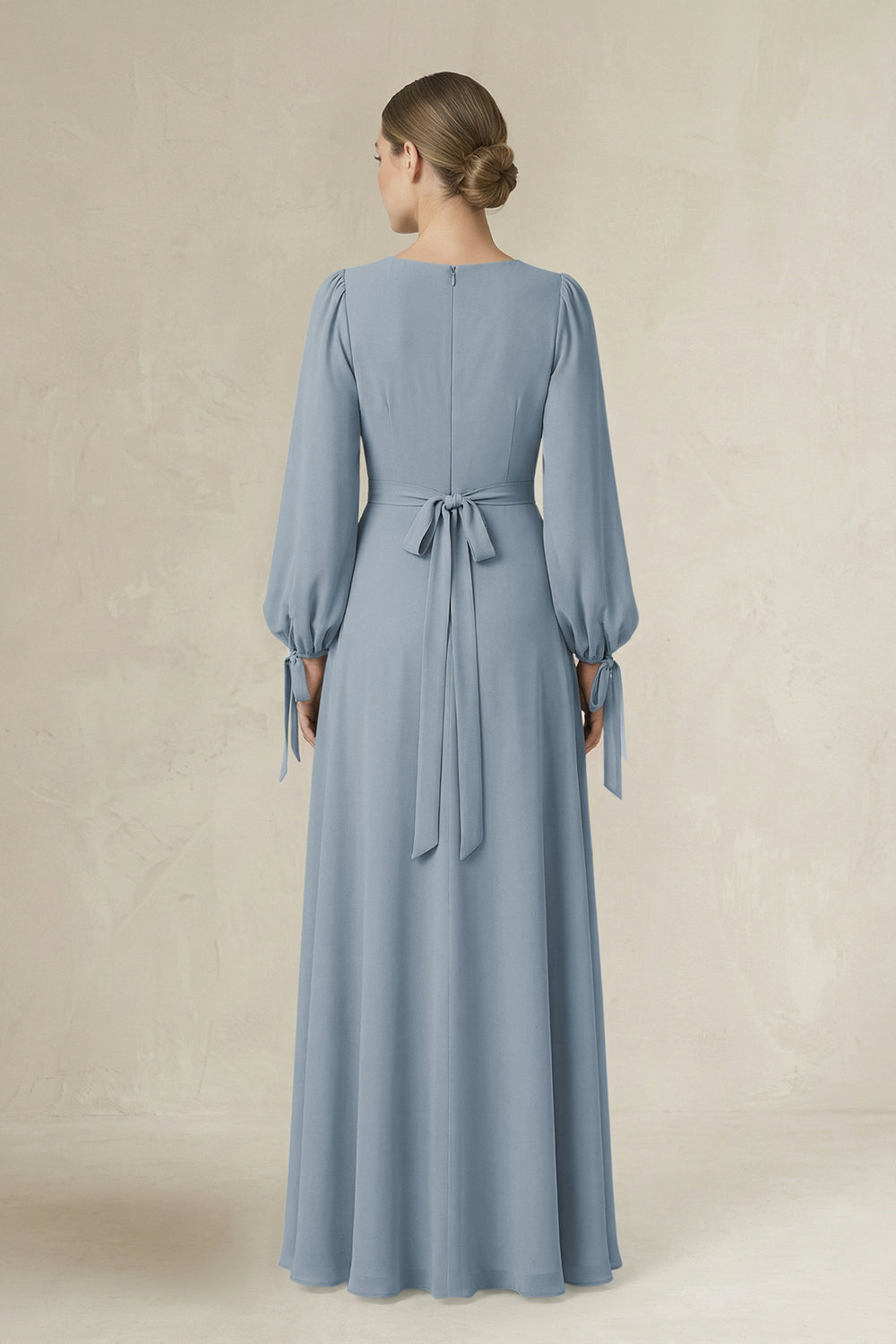 Square Neck Long Sleeve A-Line Chiffon Bridesmaid Dress in Dusty Blue