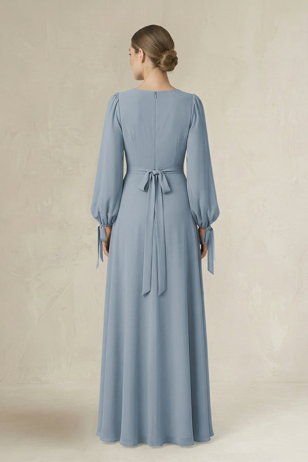 Dusty Blue Square Neck Long Sleeve A-Line Chiffon Bridesmaid Dress in Dusty Blue (2) | KISSBRIDAL