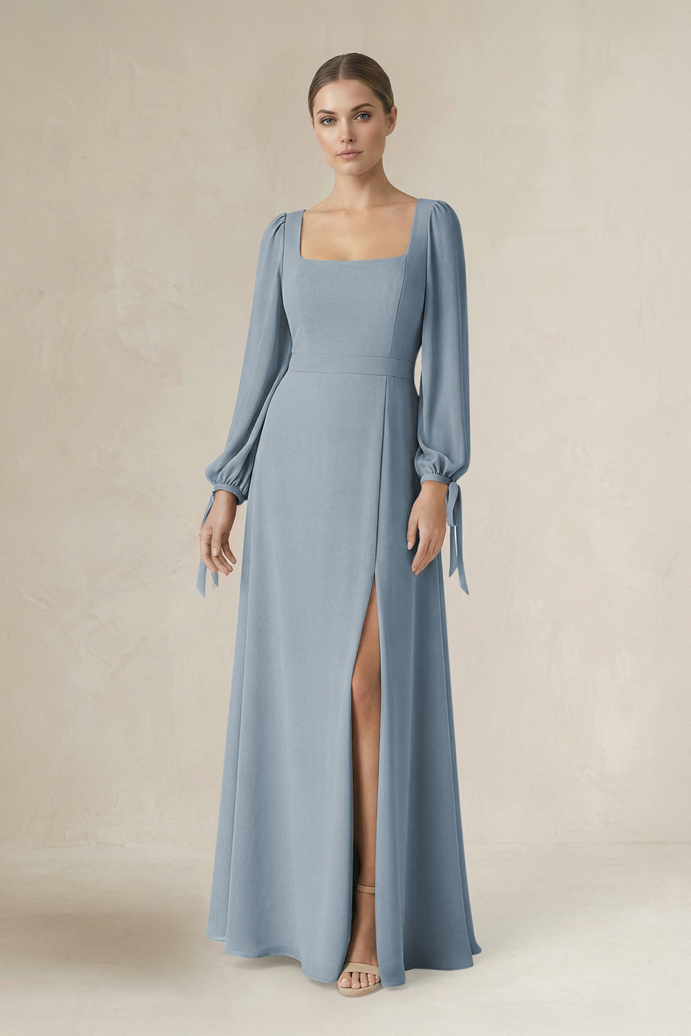 Square Neck Long Sleeve A-Line Chiffon Bridesmaid Dress in Dusty Blue