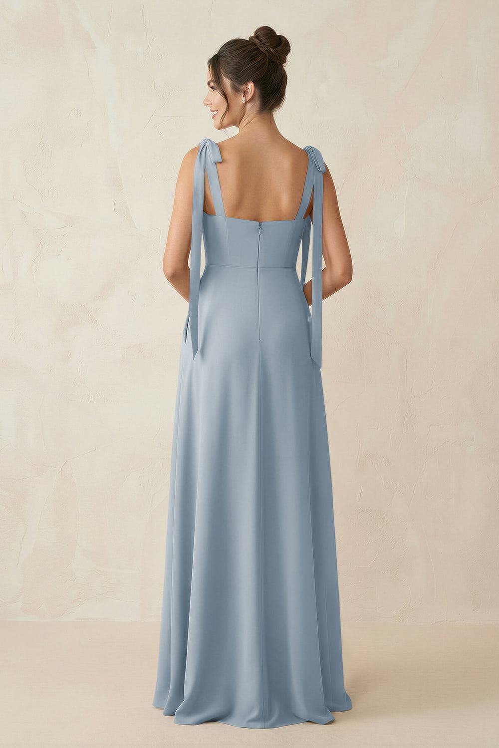 Square Neck Sheath Chiffon Bridesmaid Dress with Bow in Dusty Blue