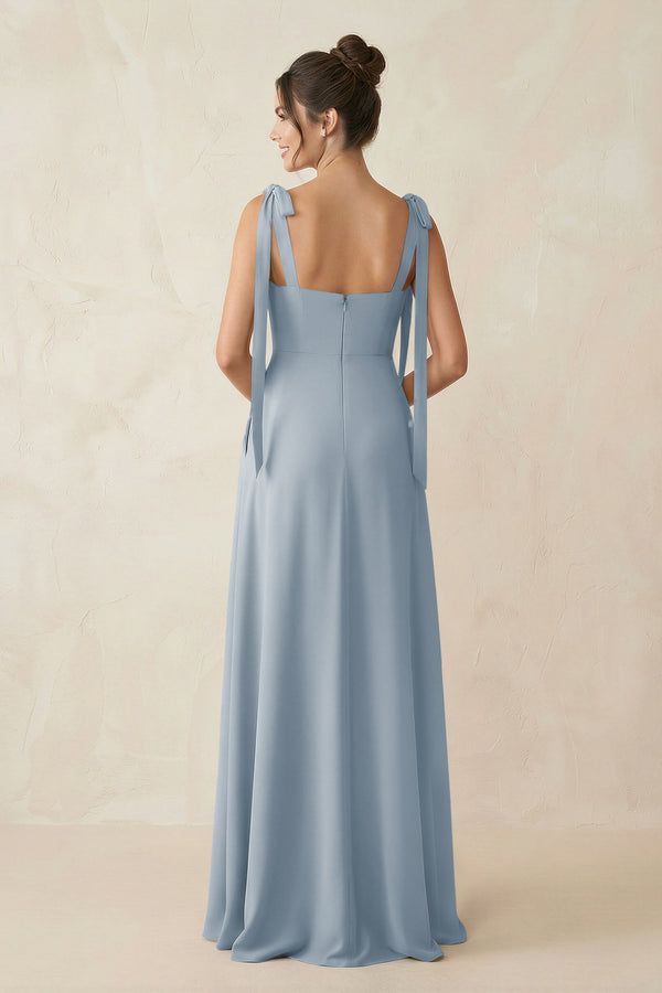 Dusty Blue Square Neck Sheath Chiffon Bridesmaid Dress with Bow (2) | KISSBRIDAL