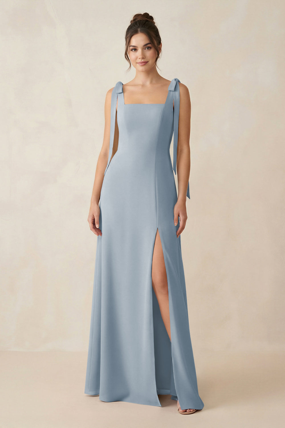 Square Neck Sheath Chiffon Bridesmaid Dress with Bow in Dusty Blue