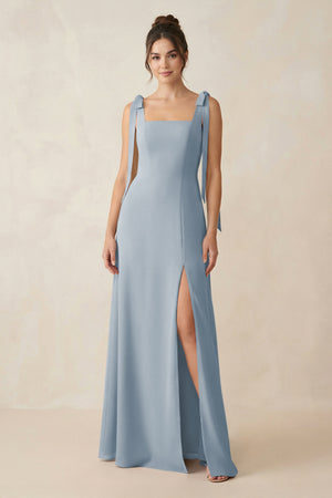 Dusty Blue Square Neck Sheath Chiffon Bridesmaid Dress with Bow | KISSBRIDAL