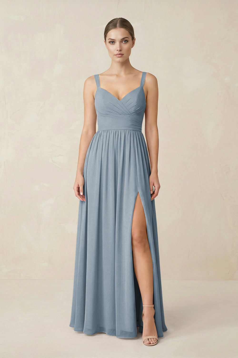 Sweetheart A-Line Chiffon Bridesmaid Dress with Slit in Dusty Blue