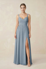 Dusty Blue Sweetheart A-Line Chiffon Bridesmaid Dress with Slit in Dusty Blue | KISSBRIDAL