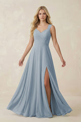 Dusty Blue Sweetheart A-Line Chiffon Long Bridesmaid Dress | KISSBRIDAL
