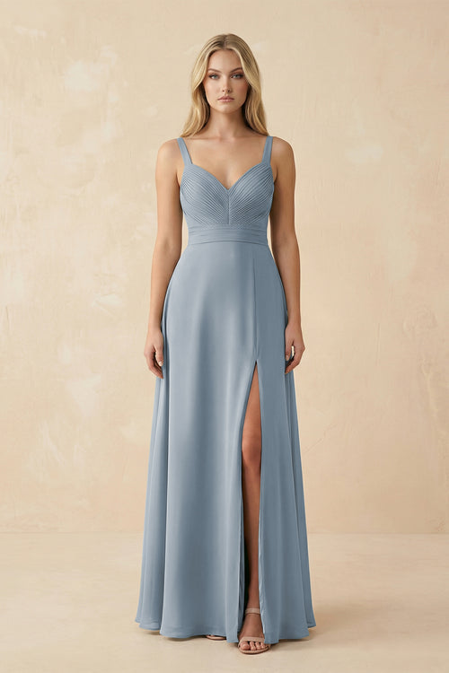 Dusty Blue Sweetheart A-Line Pleated Chiffon Bridesmaid Dress | KISSBRIDAL