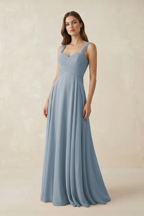 Dusty Blue Sweetheart Pleated A-Line Chiffon Bridesmaid Dress | KISSBRIDAL