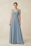 Dusty Blue Sweetheart Pleated Chiffon A-Line Bridesmaid Dress | KISSBRIDAL