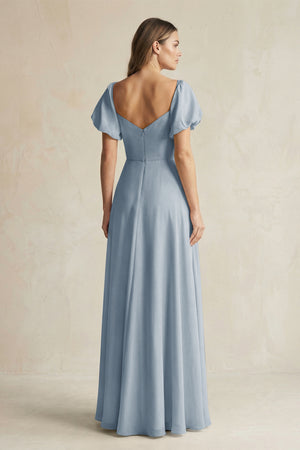 Dusty Blue Sweetheart Puff Sleeve A-Line Chiffon Bridesmaid Dress (2) | KISSBRIDAL