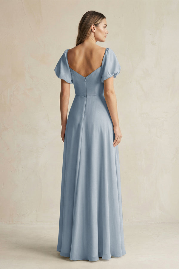 Dusty Blue Sweetheart Puff Sleeve A-Line Chiffon Bridesmaid Dress (2) | KISSBRIDAL