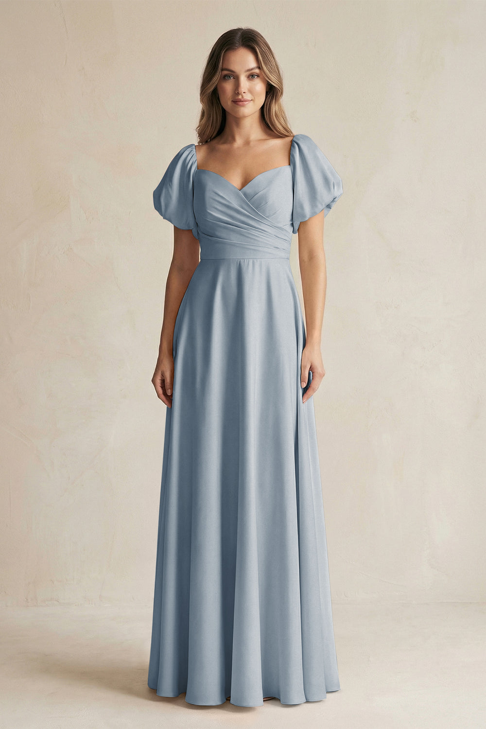 Sweetheart Puff Sleeve A-Line Chiffon Bridesmaid Dress in Dusty Blue