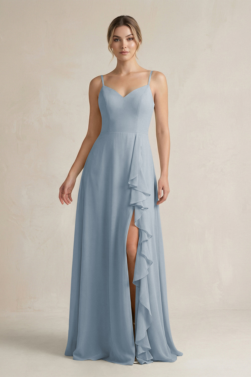 Sweetheart Ruffled A-Line Chiffon Bridesmaid Dress with Slit in Dusty Blue