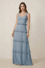 Dusty Blue Sweetheart Tiered A-Line Chiffon Bridesmaid Dress | KISSBRIDAL