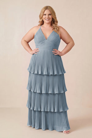 Dusty Blue Tiered Pleated V-Neck A-Line Chiffon Bridesmaid Dress (3) [sizeplus] | KISSBRIDAL