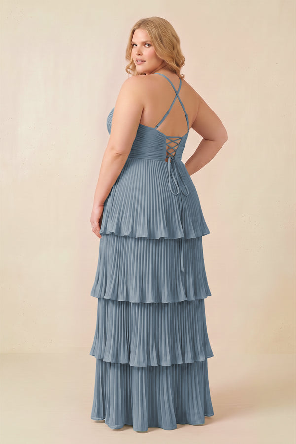 Dusty Blue Tiered Pleated V-Neck A-Line Chiffon Bridesmaid Dress (4) [sizeplus] | KISSBRIDAL
