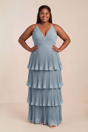 Dusty Blue Tiered Pleated V-Neck A-Line Chiffon Bridesmaid Dress [sizeplus] | KISSBRIDAL