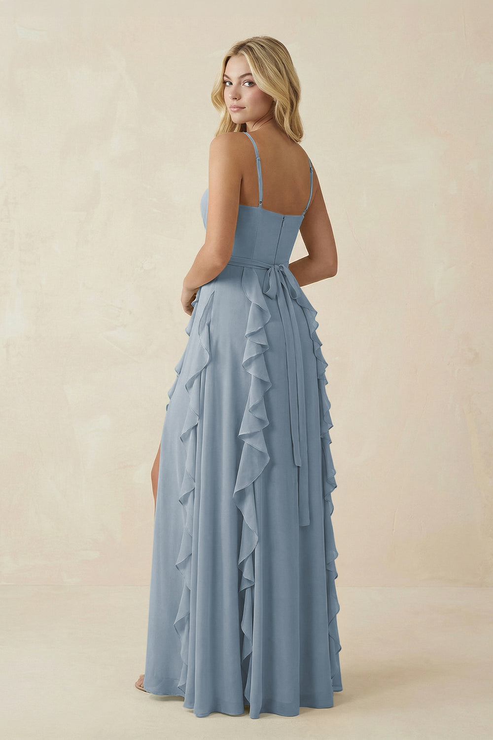 Tiered Ruffle A-Line Chiffon Bridesmaid Dress in Dusty Blue