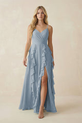 Dusty Blue Tiered Ruffle A-Line Chiffon Bridesmaid Dress | KISSBRIDAL