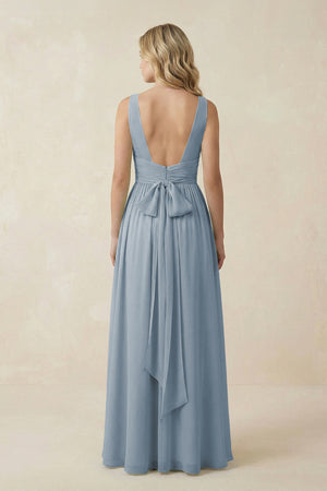 Dusty Blue V-Neck A-Line Bridesmaid Dress with Back Bow (2) | KISSBRIDAL