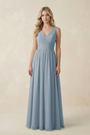 Dusty Blue V-Neck A-Line Bridesmaid Dress with Back Bow | KISSBRIDAL