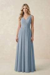 Dusty Blue V-Neck A-Line Bridesmaid Dress with Back Bow | KISSBRIDAL