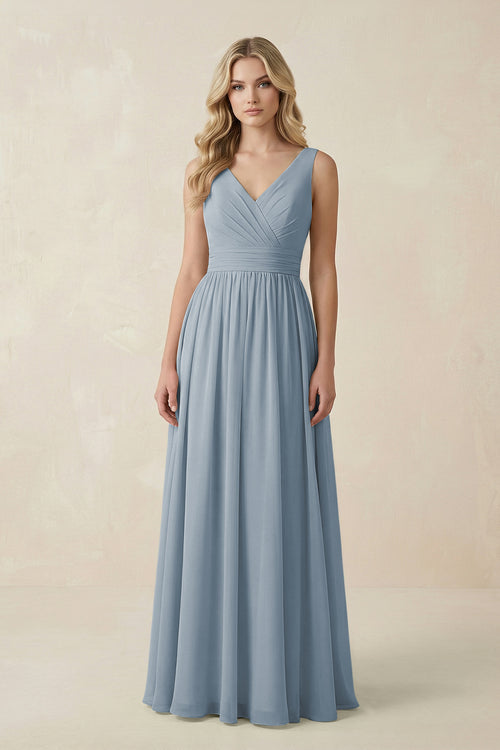 Dusty Blue V-Neck A-Line Bridesmaid Dress with Back Bow | KISSBRIDAL