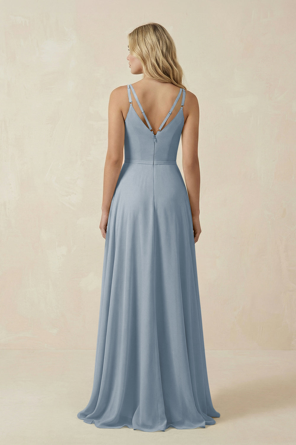 V-Neck A-Line Chiffon Bridesmaid Dress with Crisscross Back in Dusty Blue