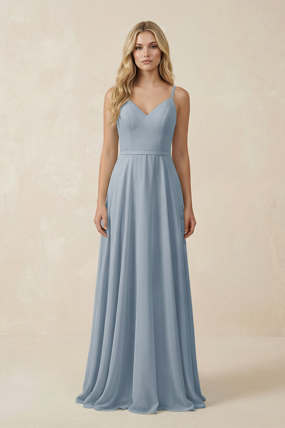 V-Neck A-Line Chiffon Bridesmaid Dress with Crisscross Back in Dusty Blue