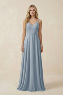 Dusty Blue V-Neck A-Line Chiffon Bridesmaid Dress with Crisscross Back | KISSBRIDAL
