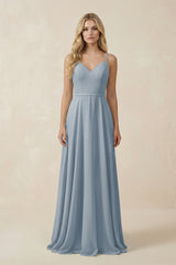 Dusty Blue V-Neck A-Line Chiffon Bridesmaid Dress with Crisscross Back | KISSBRIDAL