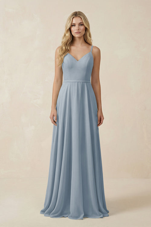 Dusty Blue V-Neck A-Line Chiffon Bridesmaid Dress with Crisscross Back | KISSBRIDAL
