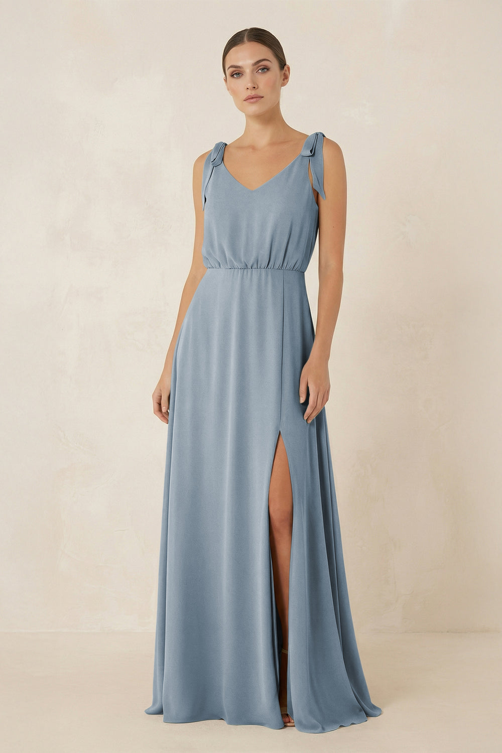 V-Neck A-Line Chiffon Bridesmaid Dress in Dusty Blue