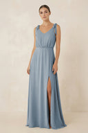 Dusty Blue V-Neck A-Line Chiffon Bridesmaid Dress | KISSBRIDAL