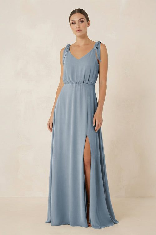 Dusty Blue V-Neck A-Line Chiffon Bridesmaid Dress | KISSBRIDAL