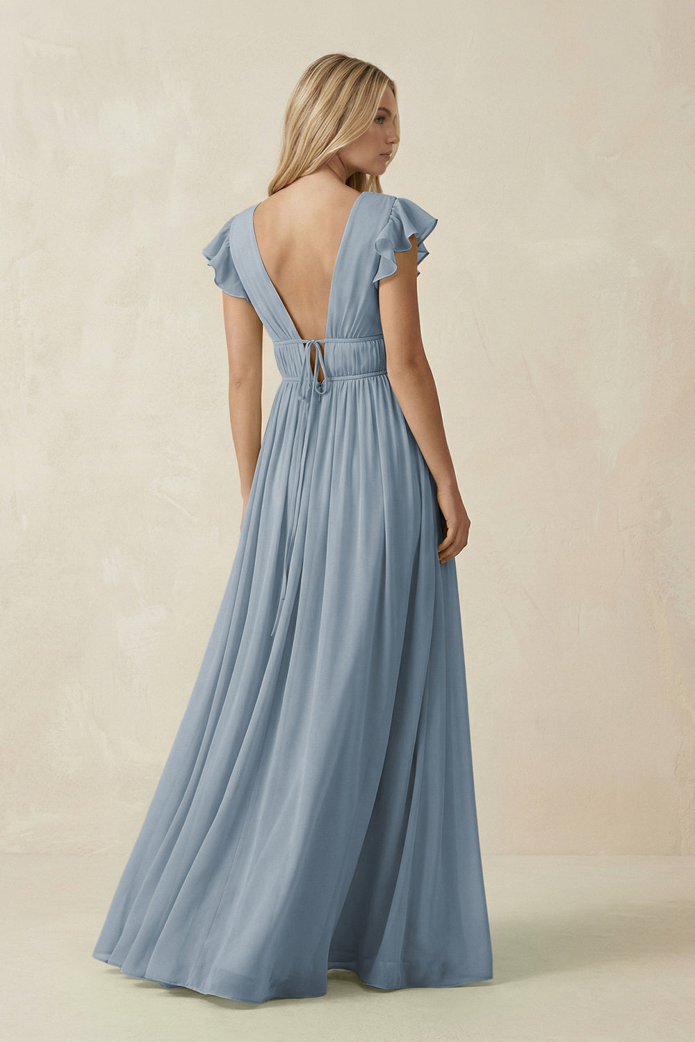 V-Neck A-Line Chiffon Cap Sleeves Bridesmaid Dress in Dusty Blue