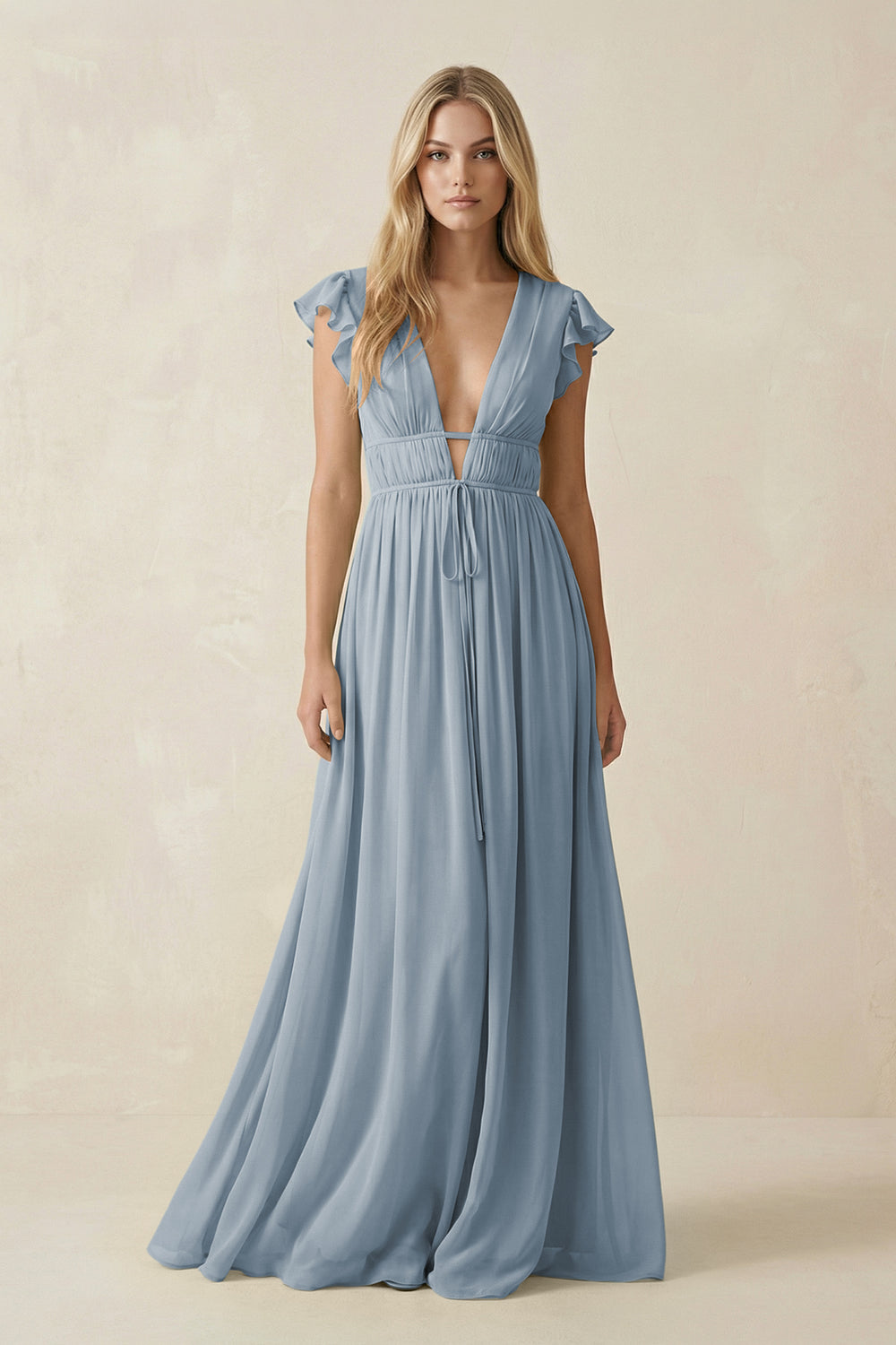 V-Neck A-Line Chiffon Cap Sleeves Bridesmaid Dress in Dusty Blue