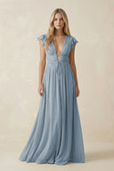 Dusty Blue V-Neck A-Line Chiffon Cap Sleeves Bridesmaid Dress | KISSBRIDAL