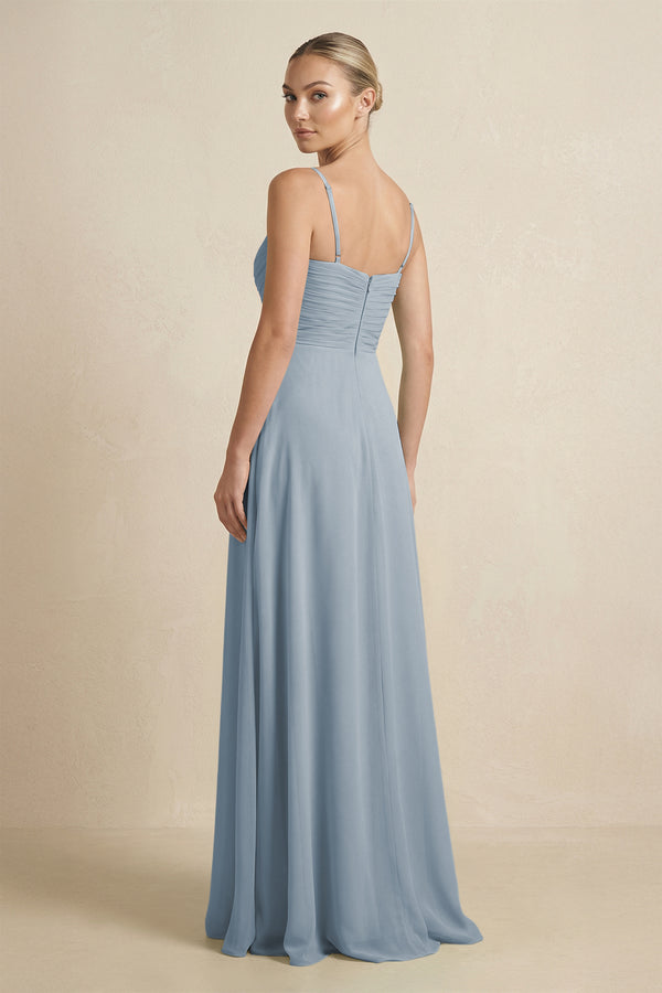 Dusty Blue V-Neck A-Line Chiffon Pleated Bridesmaid Dress (2) | KISSBRIDAL
