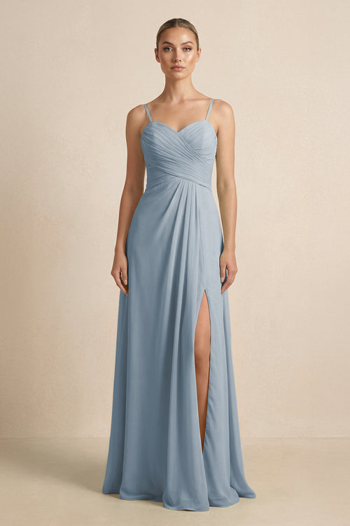 Dusty Blue V-Neck A-Line Chiffon Pleated Bridesmaid Dress | KISSBRIDAL