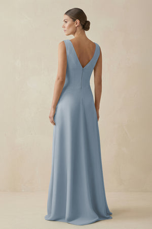 Dusty Blue V-Neck A-Line Chiffon Ruffled Bridesmaid Dress (2) | KISSBRIDAL