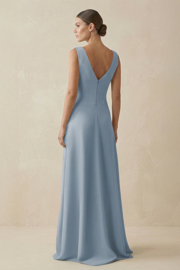 Dusty Blue V-Neck A-Line Chiffon Ruffled Bridesmaid Dress (2) | KISSBRIDAL