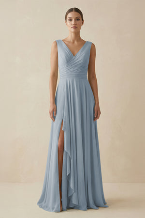 Dusty Blue V-Neck A-Line Chiffon Ruffled Bridesmaid Dress | KISSBRIDAL