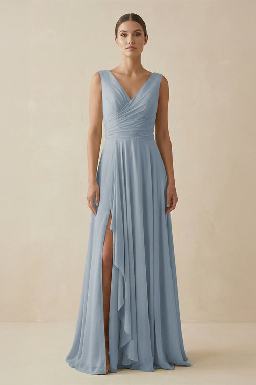 Dusty Blue V-Neck A-Line Chiffon Ruffled Bridesmaid Dress | KISSBRIDAL