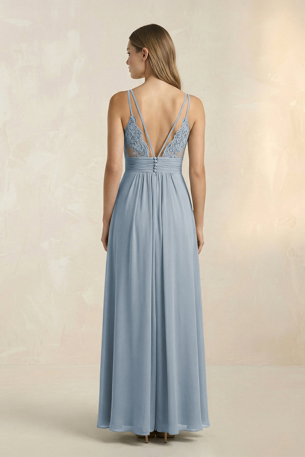 V-Neck A-Line Pleated Chiffon Bridesmaid Dress in Dusty Blue