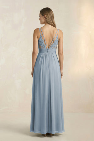 Dusty Blue V-Neck A-Line Pleated Chiffon Bridesmaid Dress (2) | KISSBRIDAL